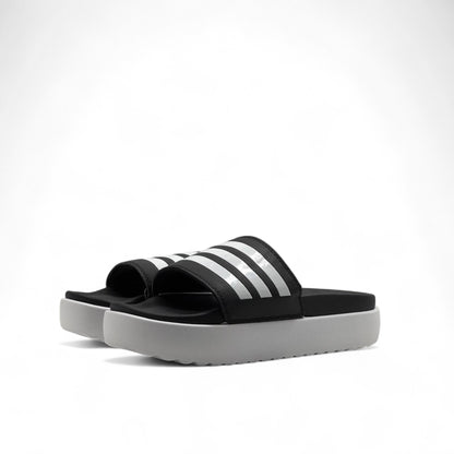 🔥 Adidas Classic Stripes Platform Slippers – Black & White 🖤🤍