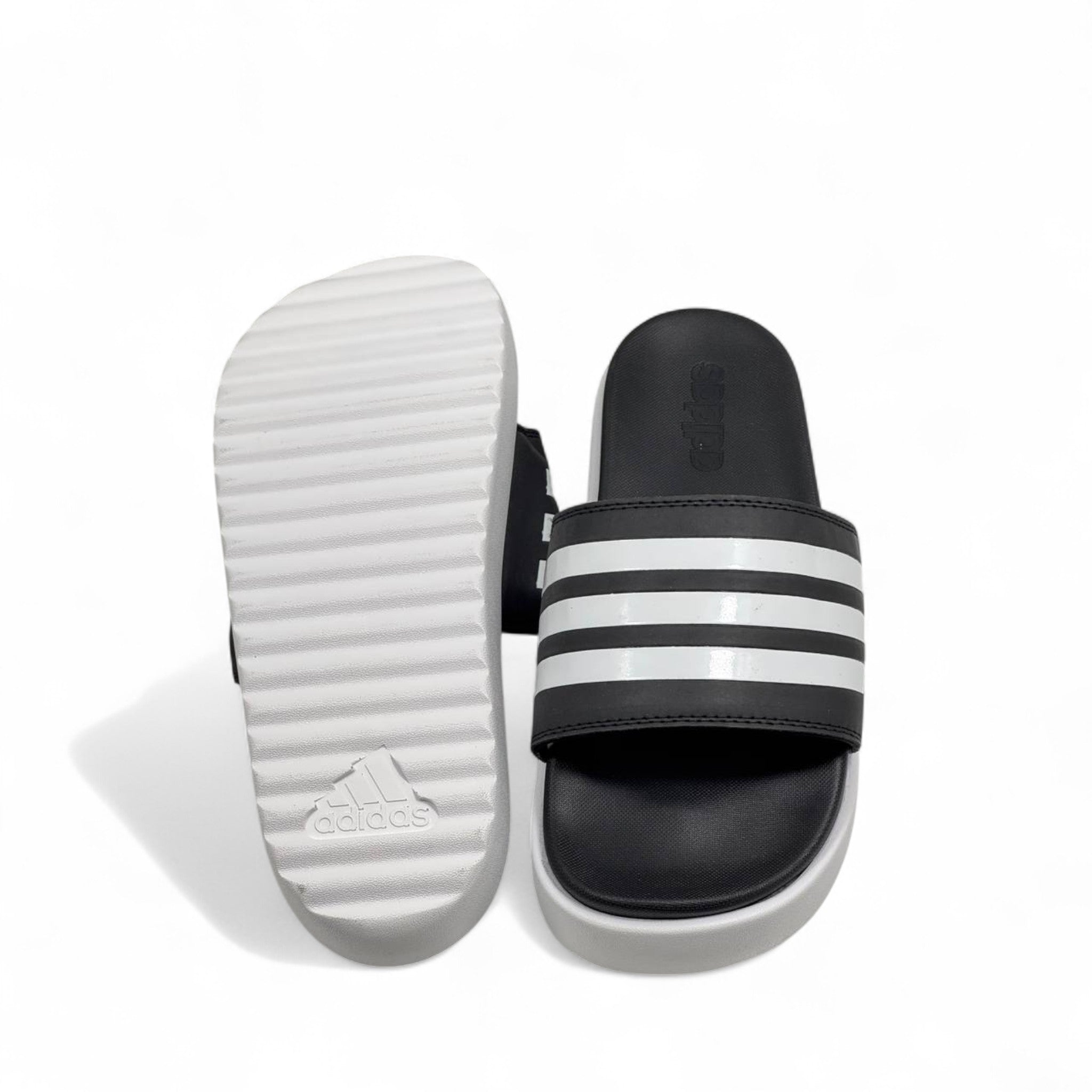 🔥 Adidas Classic Stripes Platform Slippers – Black & White 🖤🤍