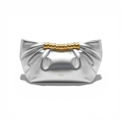 JW Pei Silver Pleated Shoulder Bag with Gold Handle – Women’s Luxury Handbag ✨