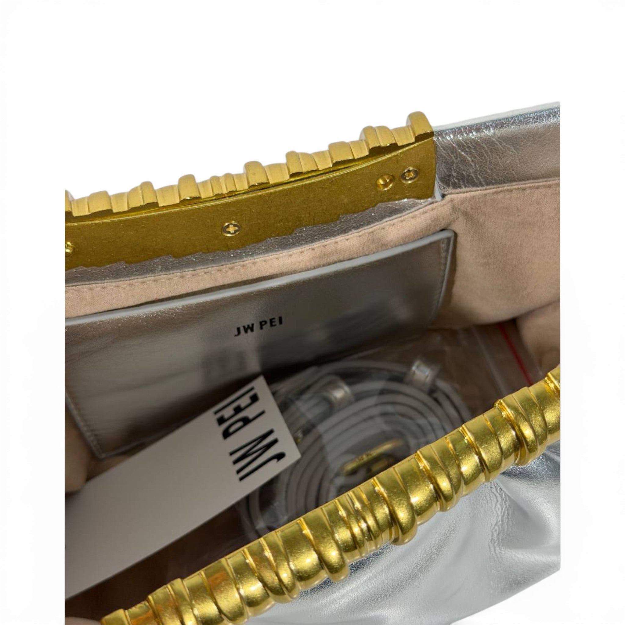 JW Pei Silver Pleated Shoulder Bag with Gold Handle – Women’s Luxury Handbag ✨
