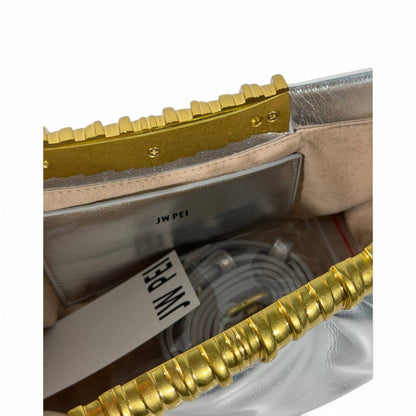 JW Pei Silver Pleated Shoulder Bag with Gold Handle – Women’s Luxury Handbag ✨