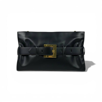 Balmain Luxury Belted Shoulder Bag for Women – Black Gold Buckle Designer Handbag