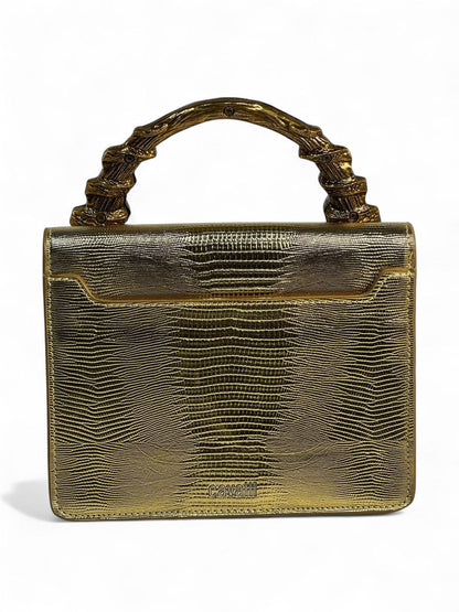 Roberto Cavalli Gold Lizard-Effect Bag with Sculpted Snake Handle 🐍✨ | Daring Luxury & Italian Glamour