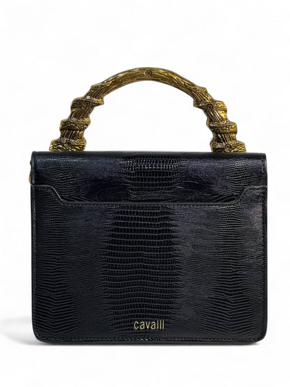 Roberto Cavalli Black Lizard-Effect Bag with Sculpted Snake Handle 🐍🖤 | Bold Italian Elegance