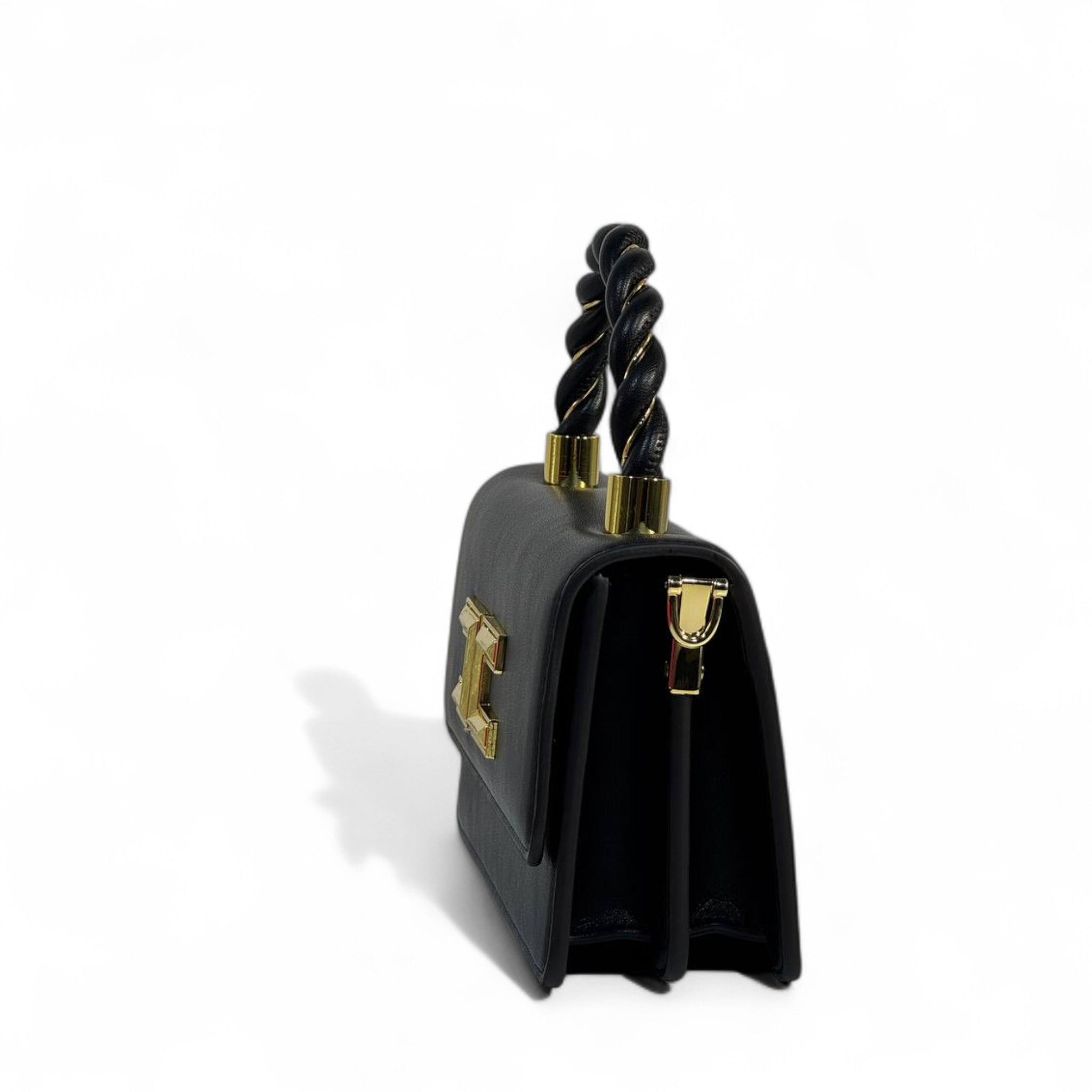 Elisabetta Franchi Black Leather Handbag 🖤 | Gold 3D Logo & Twisted Handle Bag