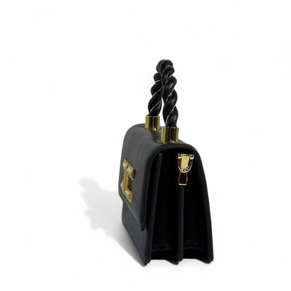 Elisabetta Franchi Black Leather Handbag 🖤 | Gold 3D Logo & Twisted Handle Bag