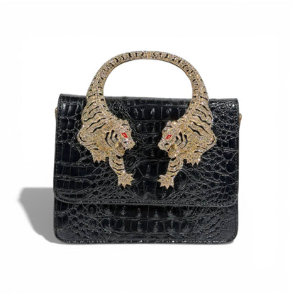 👜 Roberto Cavalli Black Crocodile-Effect Top Handle Bag with Tiger Head Handle