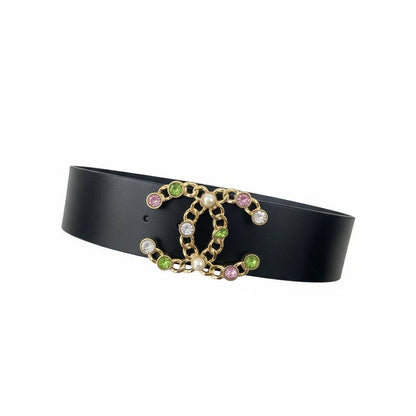 🧷 Chanel Leather Belt with Jewel Logo Buckle – Black