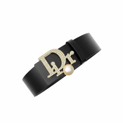 ✨ Dior Leather Belt with Crystal & Pearl Buckle – Black