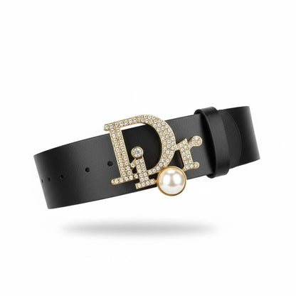 ✨ Dior Leather Belt with Crystal & Pearl Buckle – Black
