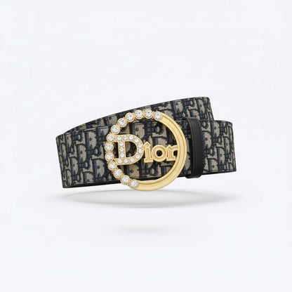 ✨ Dior Oblique Belt with Crystal-Embellished Buckle – Black & Gold