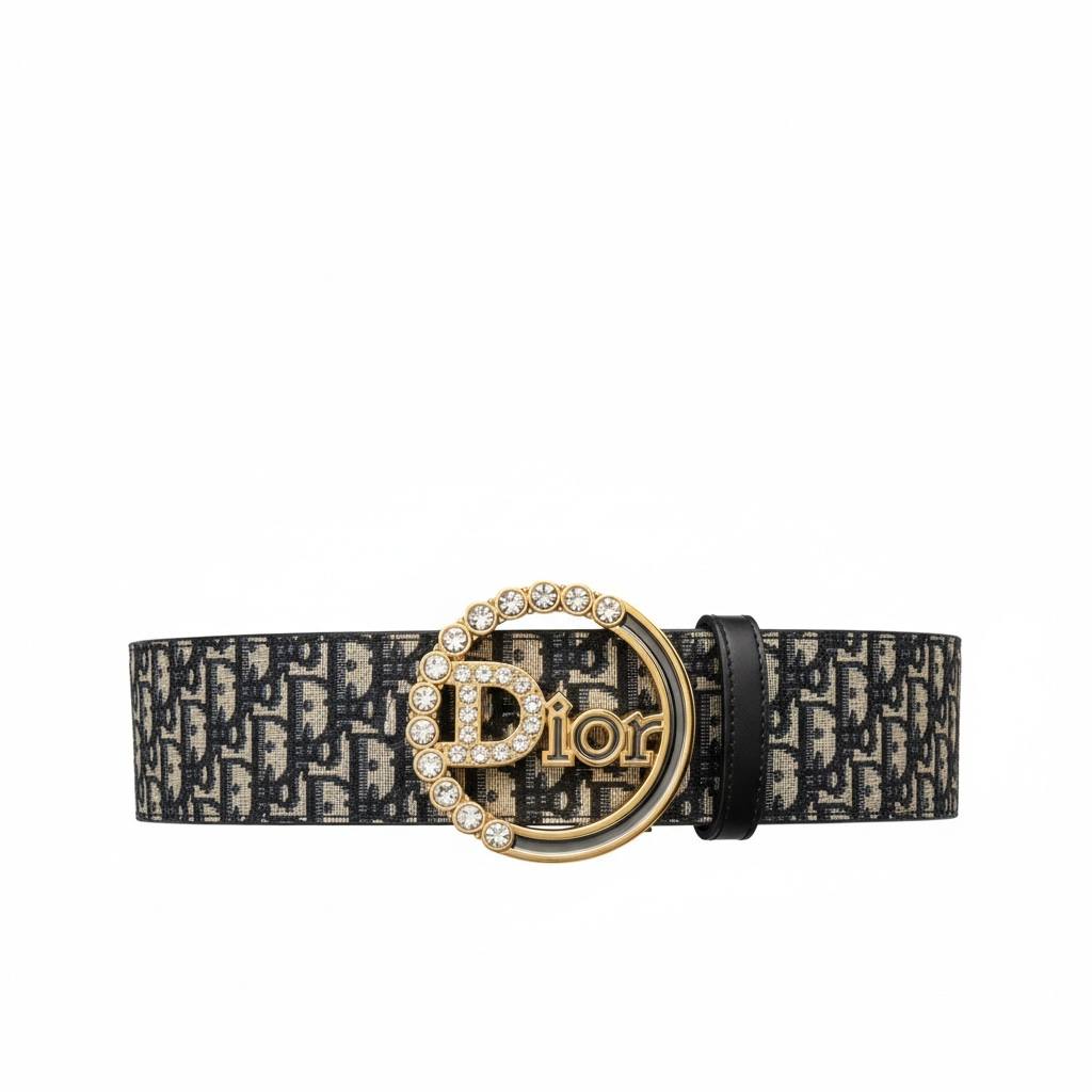 ✨ Dior Oblique Belt with Crystal-Embellished Buckle – Black & Gold