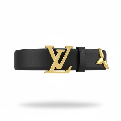 🖤 Louis Vuitton Leather Belt – Gold LV Buckle with Flower Detail