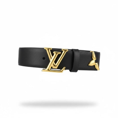 🖤 Louis Vuitton Leather Belt – Gold LV Buckle with Flower Detail