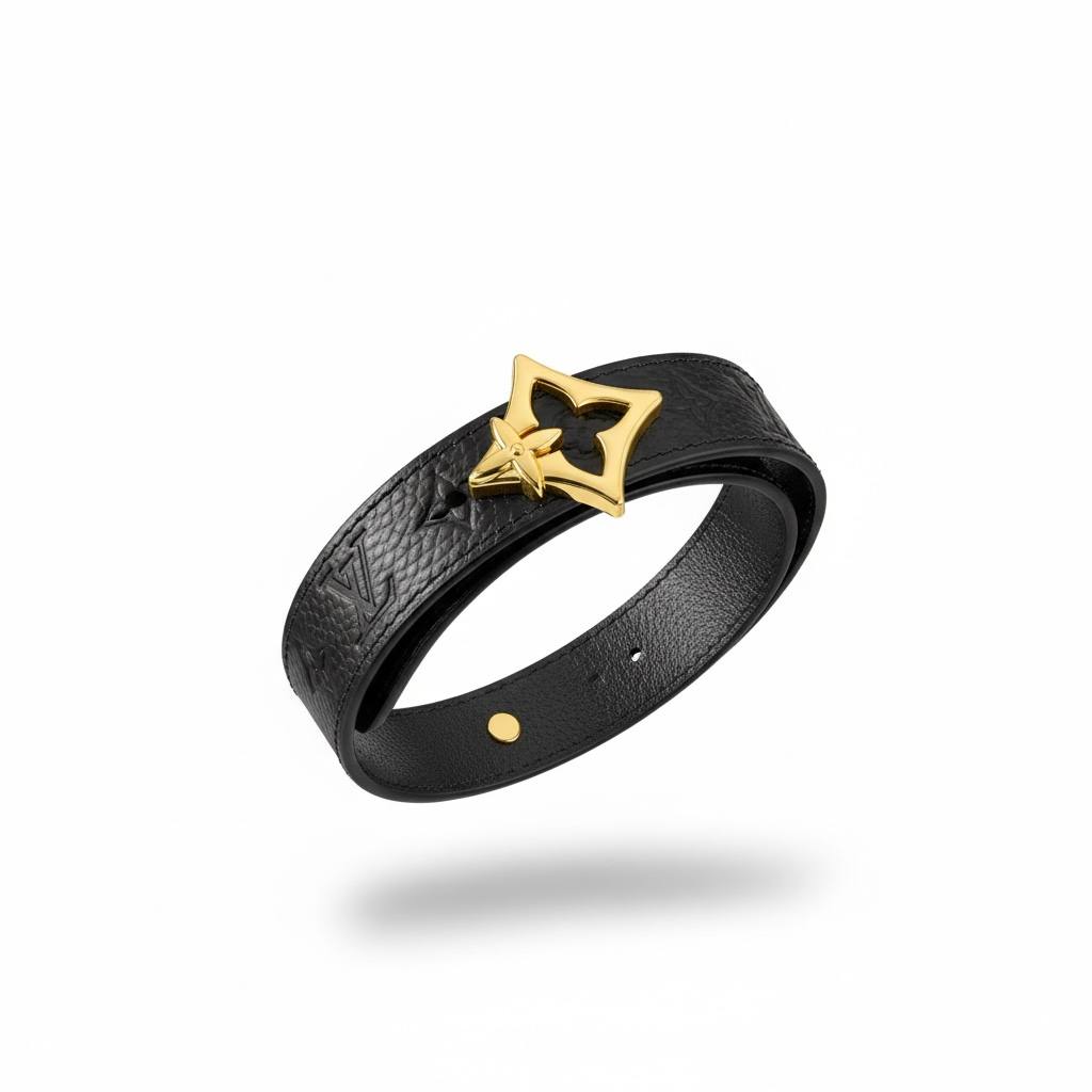 🖤 Louis Vuitton Leather Belt Bracelet – Gold Monogram Flower Buckle