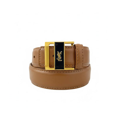 ✨ Yves Saint Laurent Brown Leather Belt with Gold YSL Buckle