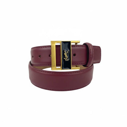 ✨ Yves Saint Laurent Burgundy Leather Belt with Gold YSL Buckle