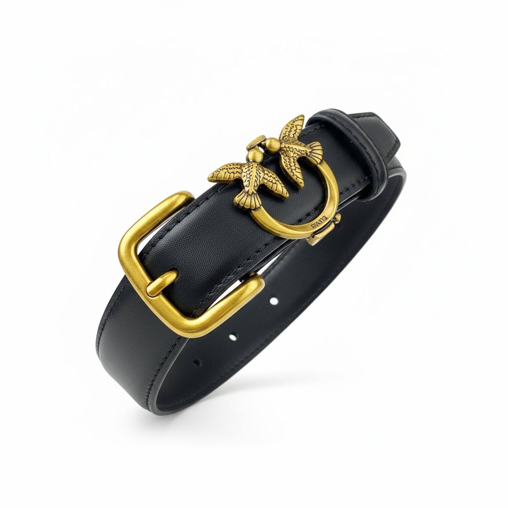 🖤 Pinko Black Leather Belt with Gold Love Birds Buckle