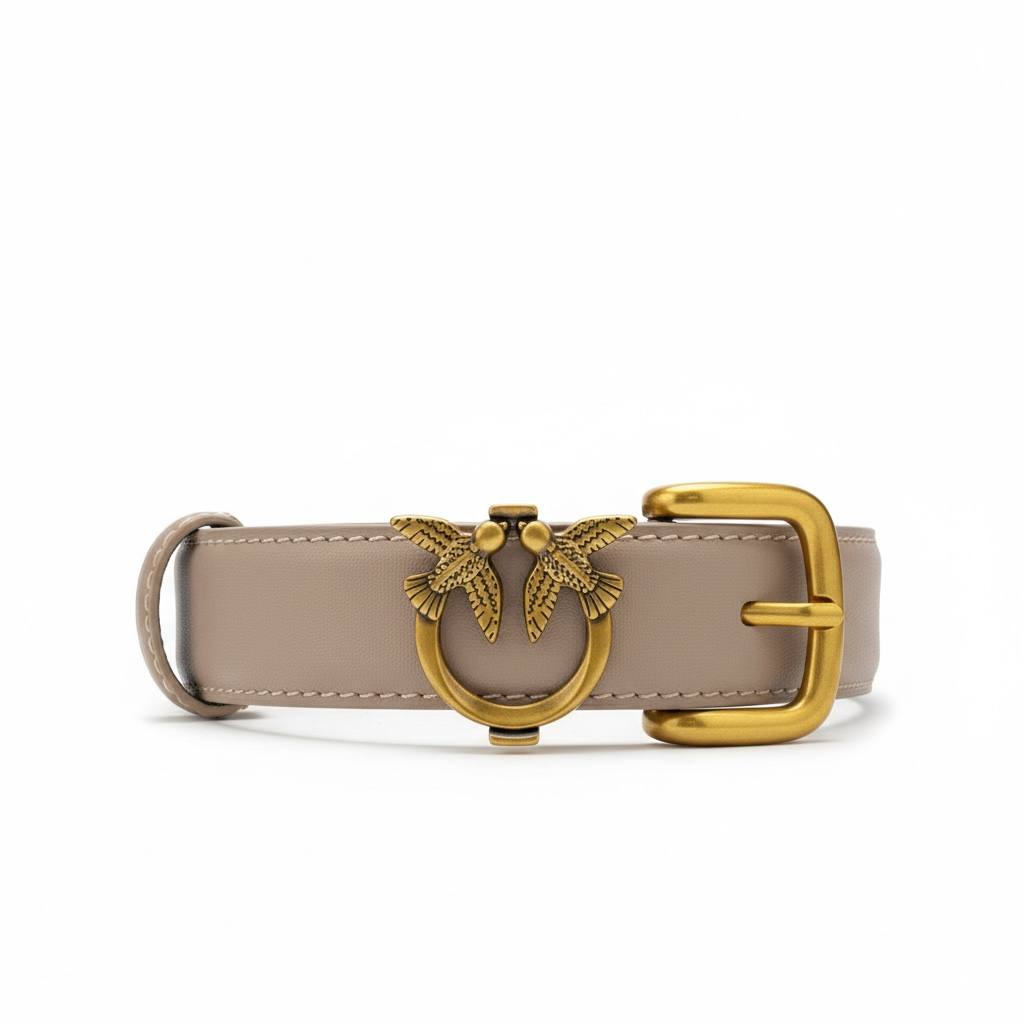 🤍 Pinko Beige Leather Belt with Gold Love Birds Buckle