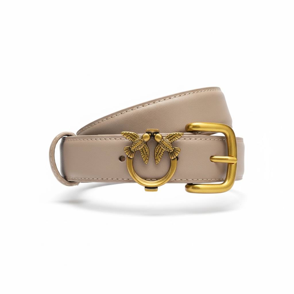 🤍 Pinko Beige Leather Belt with Gold Love Birds Buckle