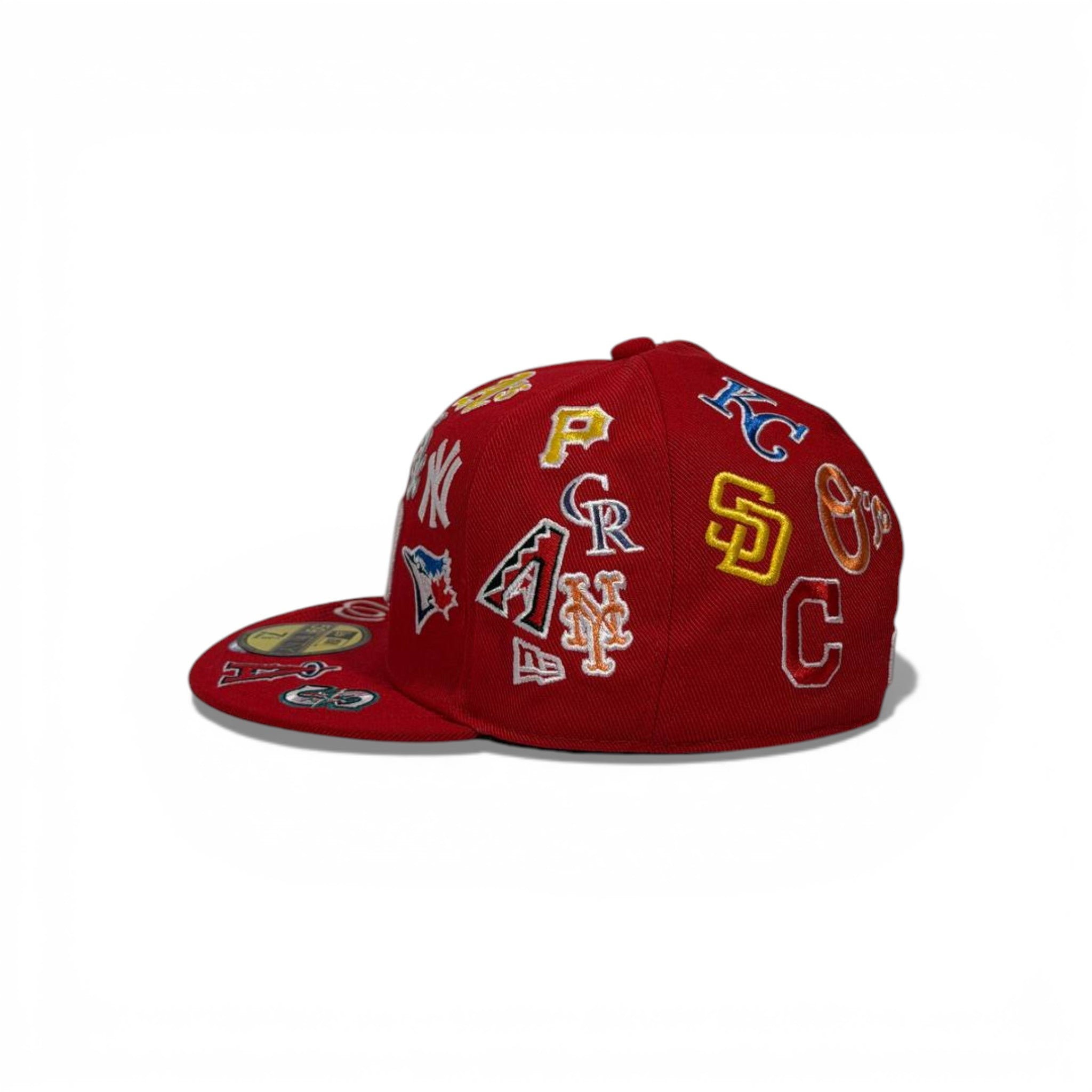 🧢 MLB All-Teams Embroidered Snapback Cap – Red Flat Brim | Multi-Logo Edition