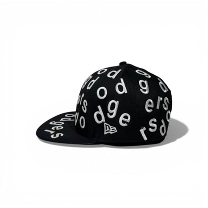 🧢 LA Dodgers All-Over Letter Embroidered Snapback Cap – Black Flat Brim