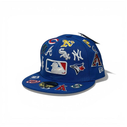 🧢 MLB All-Teams Embroidered Snapback Cap – Royal Blue Flat Brim | Multi-Logo Edition