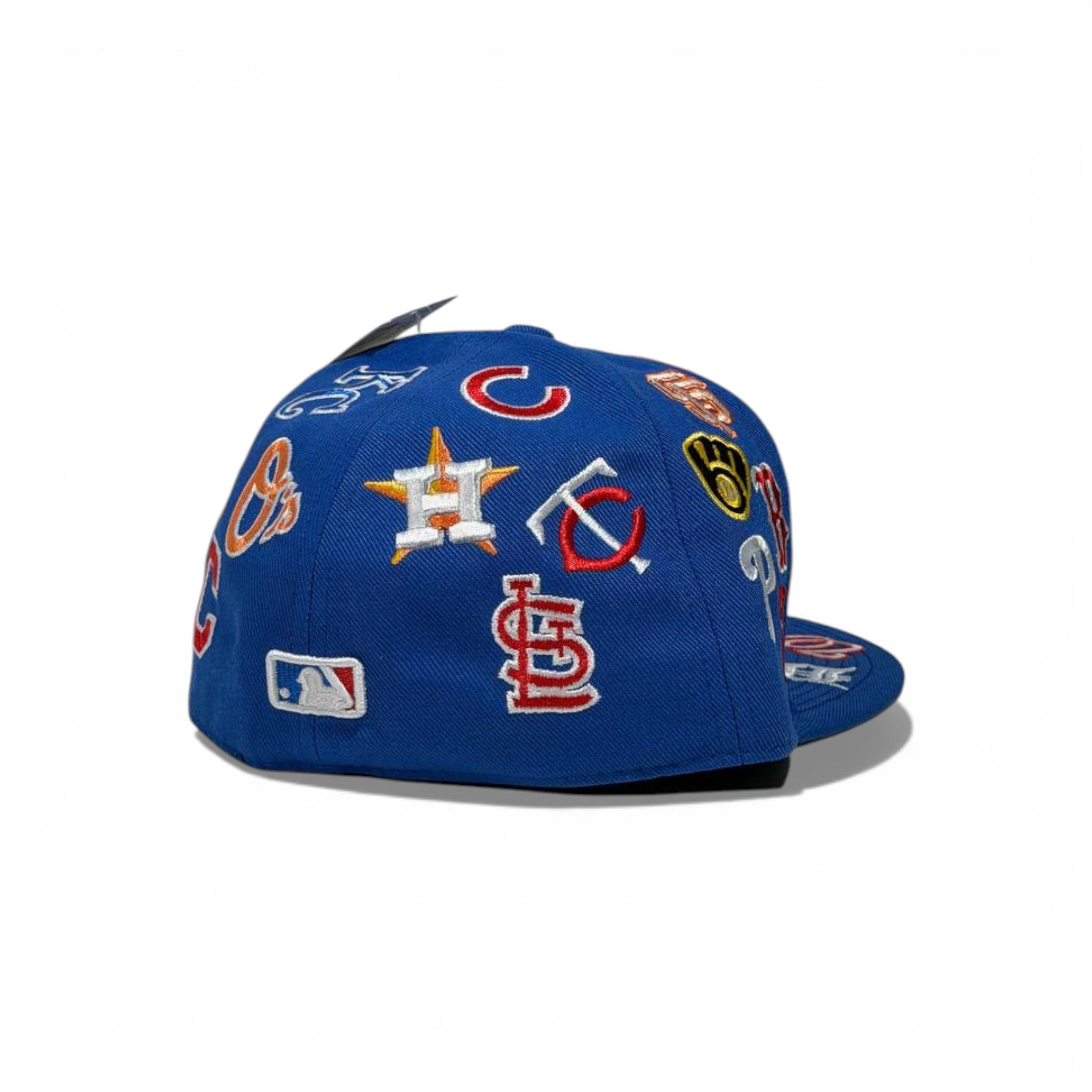 🧢 MLB All-Teams Embroidered Snapback Cap – Royal Blue Flat Brim | Multi-Logo Edition