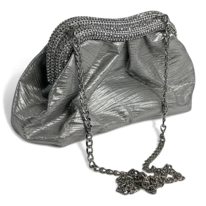 Metallic Silver Pleated Clutch ✨ | Elegant Evening Bag with Crystal Trim soirée