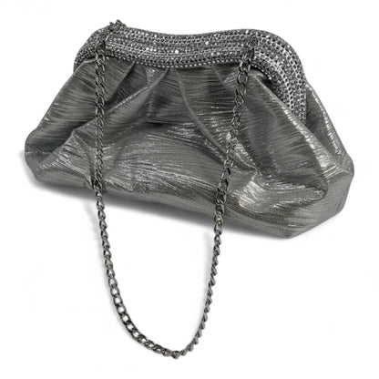 Metallic Silver Pleated Clutch ✨ | Elegant Evening Bag with Crystal Trim soirée