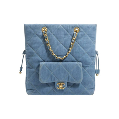 Chanel Quilted Denim Drawstring Tote Bag with Chain Strap 💙✨