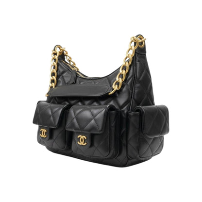 Quilted Black Multi-Pocket Shoulder Bag with Gold Chain 🖤✨