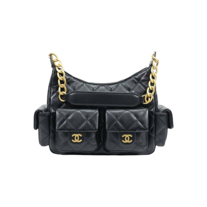 Quilted Black Multi-Pocket Shoulder Bag with Gold Chain 🖤✨