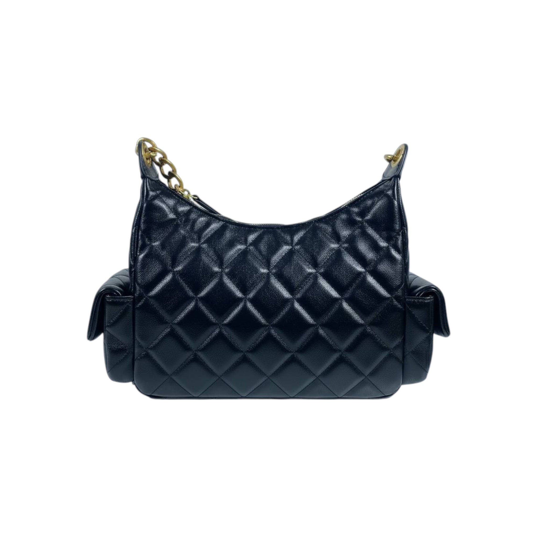 Quilted Black Multi-Pocket Shoulder Bag with Gold Chain 🖤✨