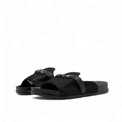 GUCCI Black Mesh Slides with Braided Strap & Gold Chain