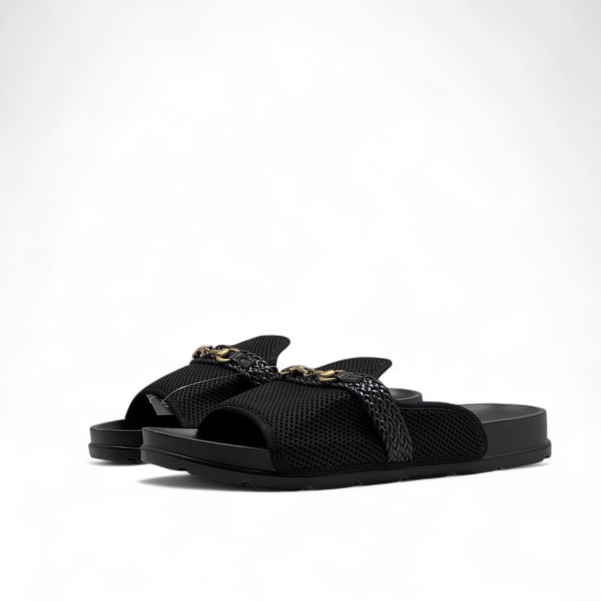 GUCCI Black Mesh Slides with Braided Strap & Gold Chain