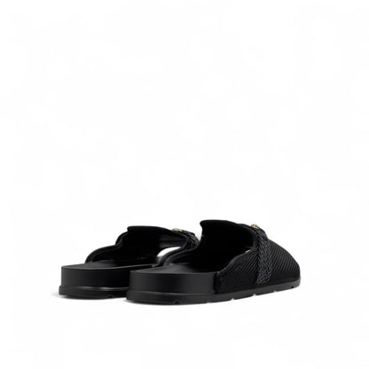 GUCCI Black Mesh Slides with Braided Strap & Gold Chain