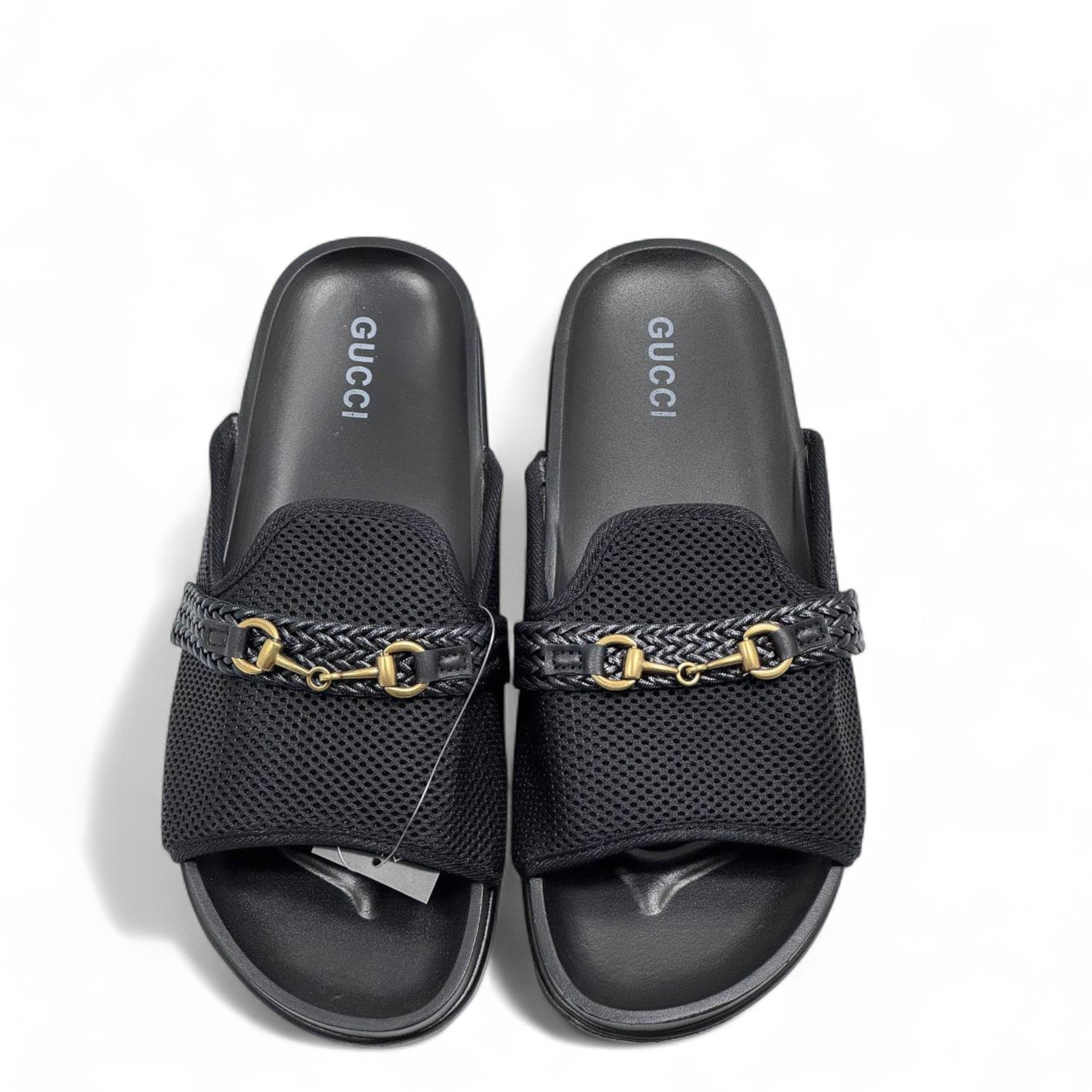 GUCCI Black Mesh Slides with Braided Strap & Gold Chain