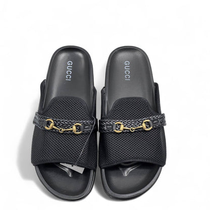 GUCCI Black Mesh Slides with Braided Strap & Gold Chain