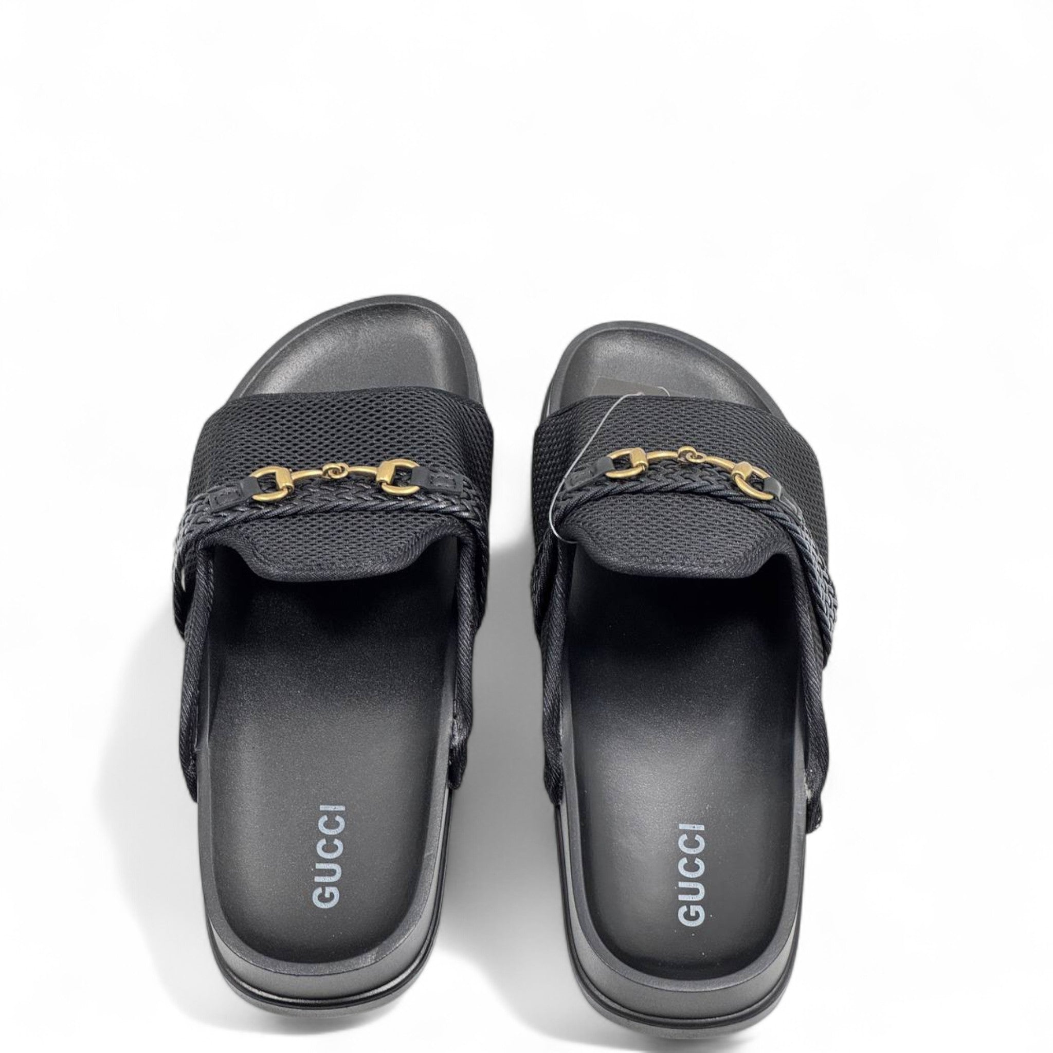 GUCCI Black Mesh Slides with Braided Strap & Gold Chain