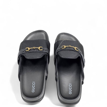 GUCCI Black Mesh Slides with Braided Strap & Gold Chain