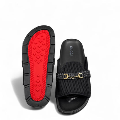 GUCCI Black Mesh Slides with Braided Strap & Gold Chain