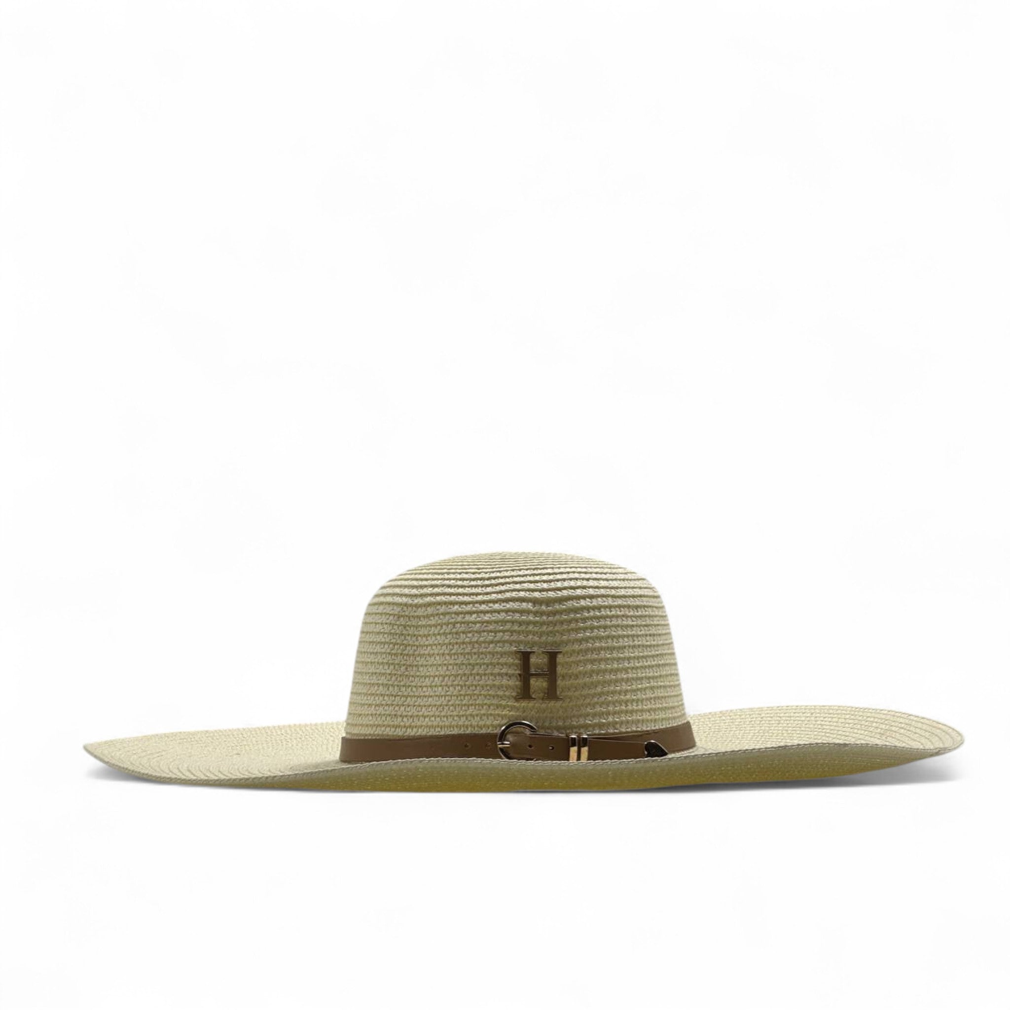 Elegant Beige Designer Sun Hat 🌞 Wide Brim with 'H' Emblem & Belt Detail