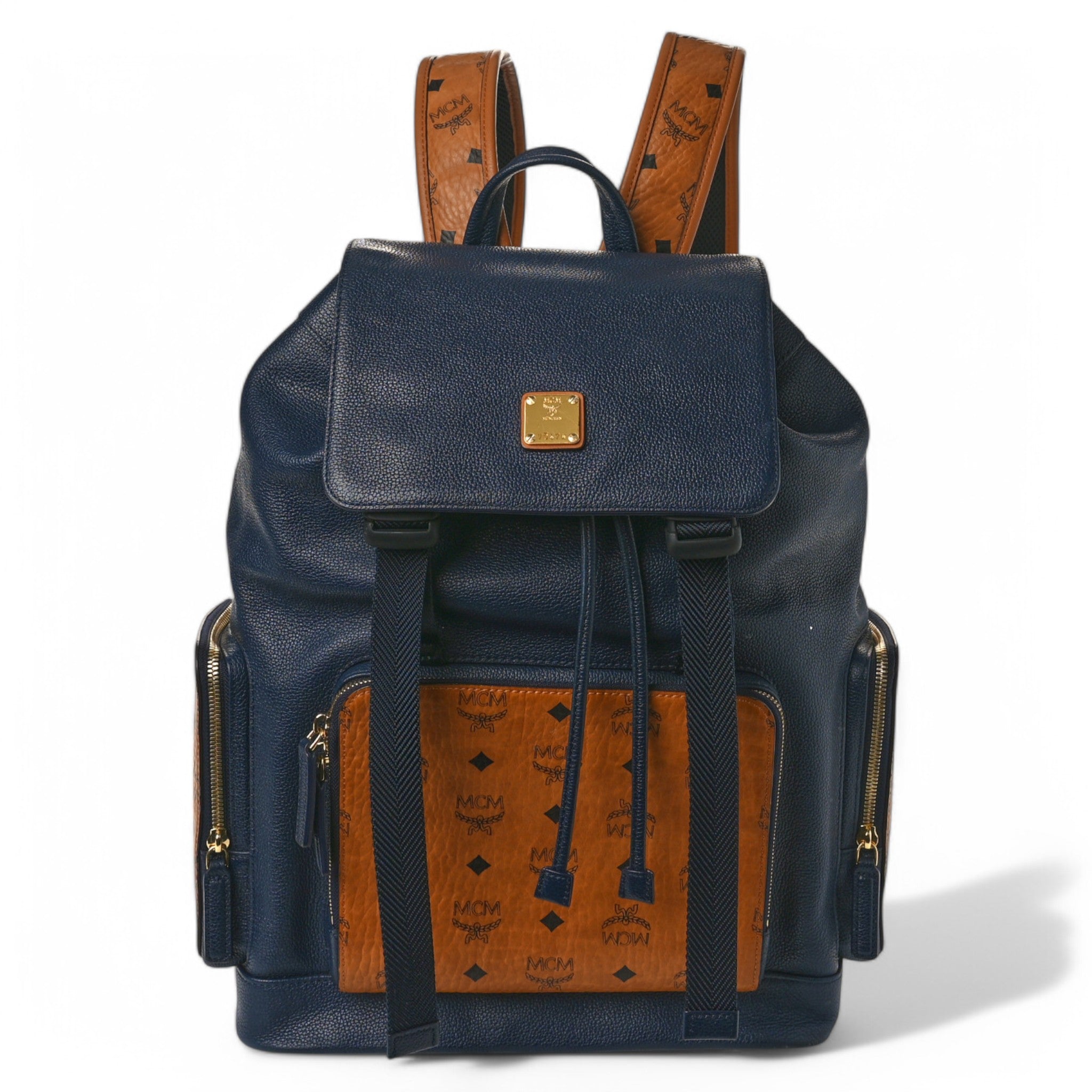 MCM Stark Visetos Leather Backpack – Navy Blue & Cognac