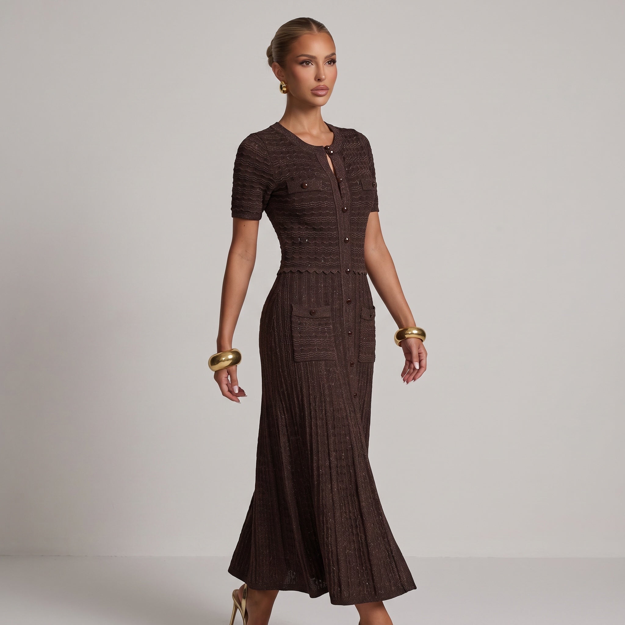Sandro diane rhinestone Knit Dress – Chocolate Brown Cardigan Dress 🍫✨