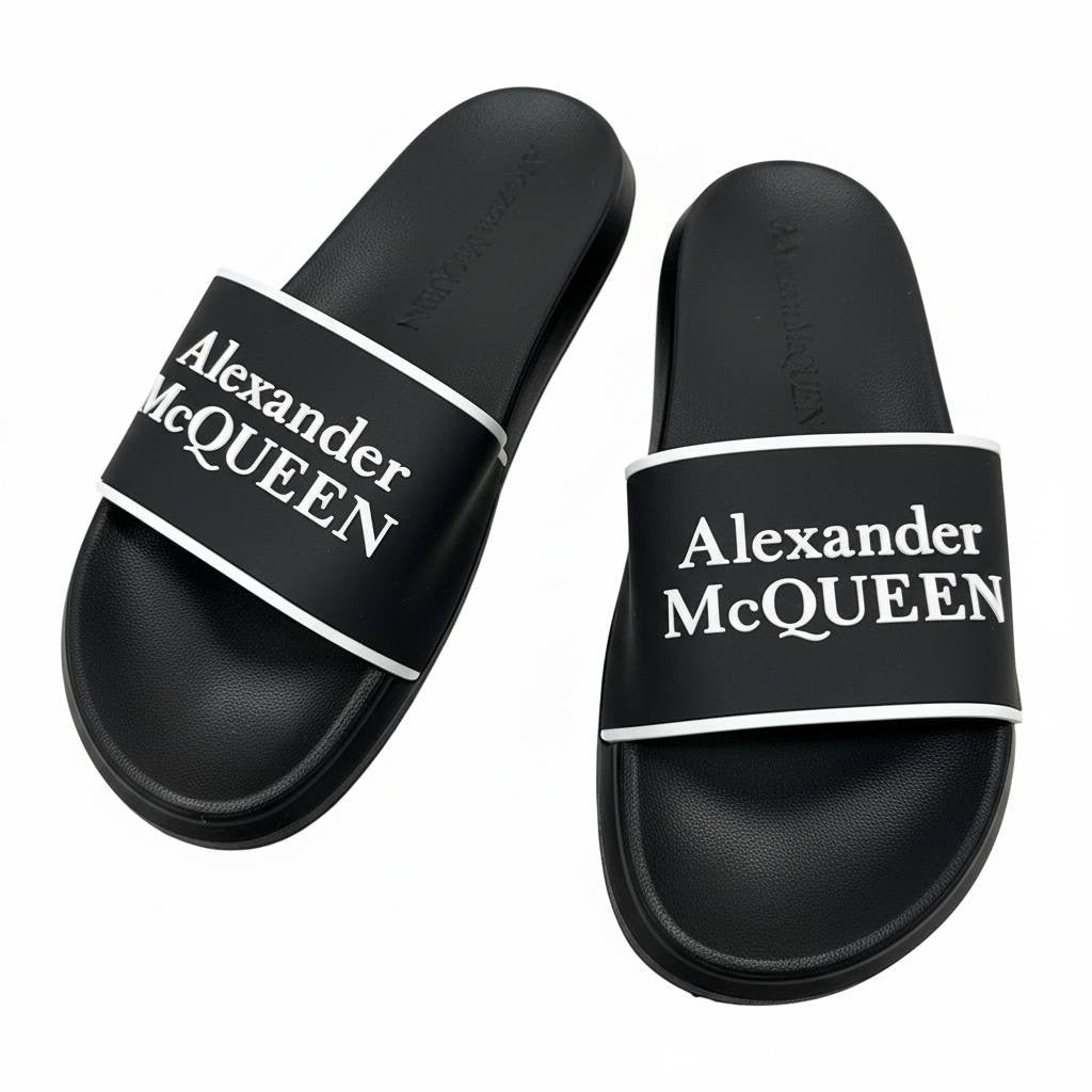 Alexander McQueen Black & White Logo Slides 🖤🤍🔥 | Iconic Luxury Summer Essential 👑