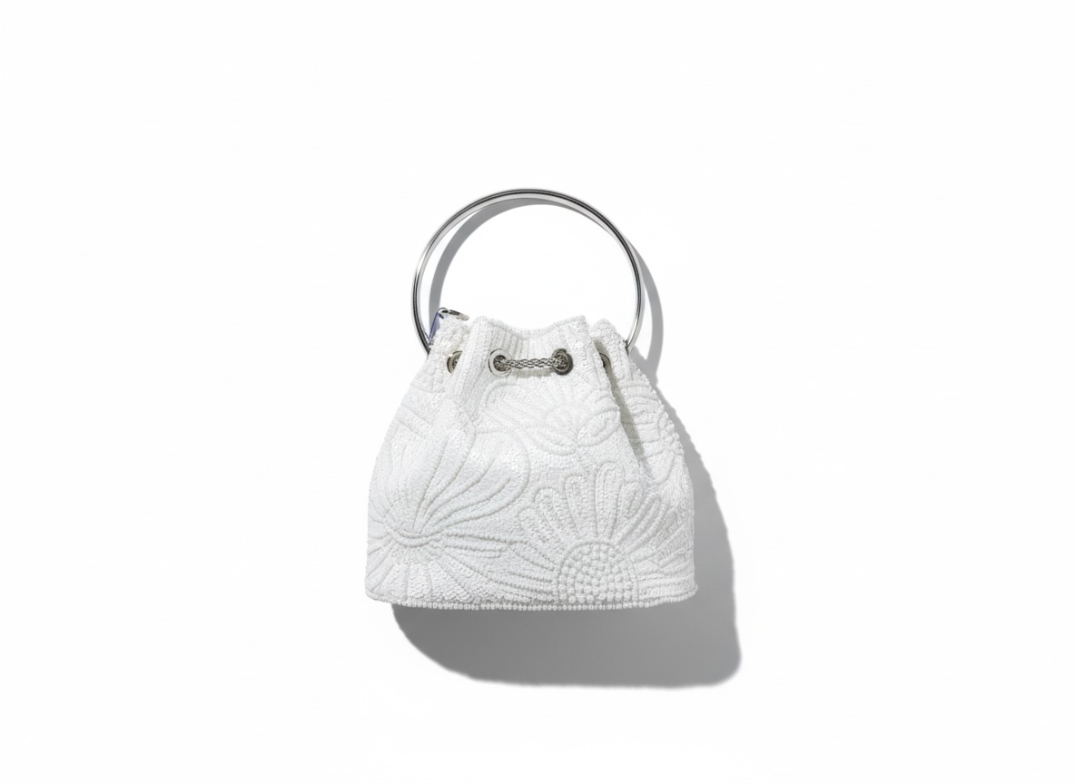 Embroidered Bucket Mini Bag – White Silver 🤍✨ | Elegant Minimal Glam
