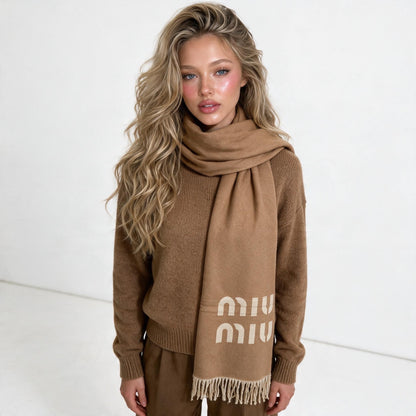 Miu Miu Wool-Blend Logo Scarf — Camel
