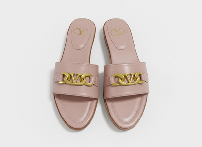 Valentino VLogo Nude Leather Slides 🤍✨ Premium Gold Chain
