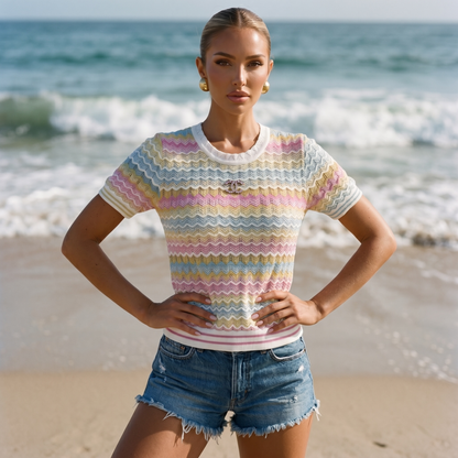 Chanel Pastel Chevron Knit Short Sleeve Top 🌸🩵✨